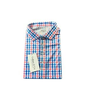 Collars & Co. Blue White Pink Checked Dress Collar Men's Polo Shirt Size L NWT